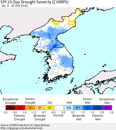 Korea SPI 10-Day Drought Severity (CHIRPS) Thematic Map For 4/11/2021 - 4/20/2021