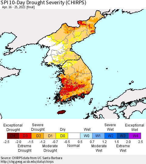Korea SPI 10-Day Drought Severity (CHIRPS) Thematic Map For 4/16/2021 - 4/25/2021