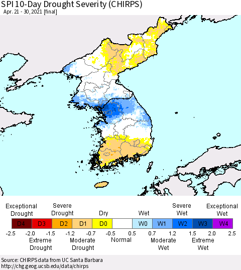Korea SPI 10-Day Drought Severity (CHIRPS) Thematic Map For 4/21/2021 - 4/30/2021