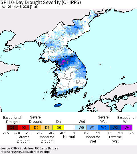 Korea SPI 10-Day Drought Severity (CHIRPS) Thematic Map For 4/26/2021 - 5/5/2021