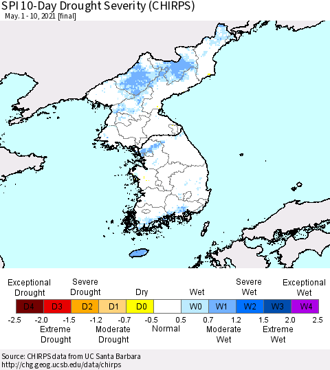Korea SPI 10-Day Drought Severity (CHIRPS) Thematic Map For 5/1/2021 - 5/10/2021
