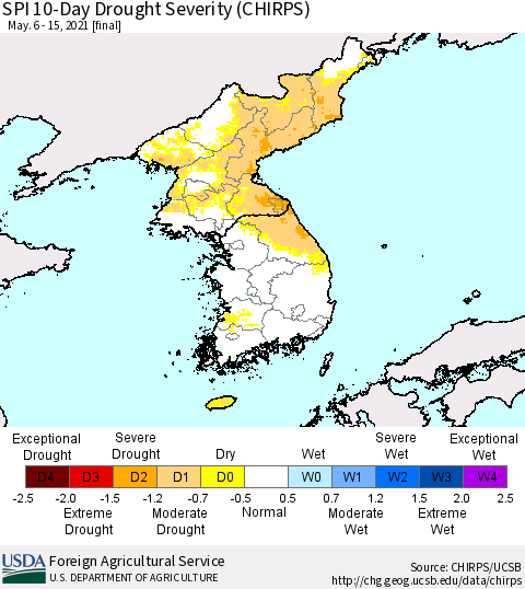 Korea SPI 10-Day Drought Severity (CHIRPS) Thematic Map For 5/6/2021 - 5/15/2021