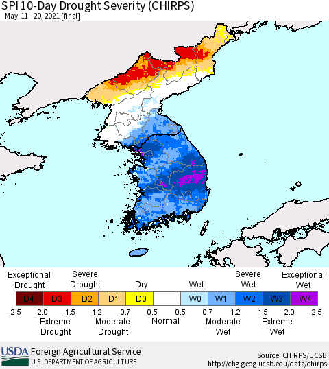 Korea SPI 10-Day Drought Severity (CHIRPS) Thematic Map For 5/11/2021 - 5/20/2021