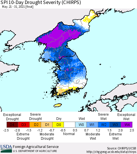 Korea SPI 10-Day Drought Severity (CHIRPS) Thematic Map For 5/21/2021 - 5/31/2021