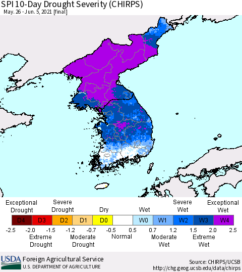Korea SPI 10-Day Drought Severity (CHIRPS) Thematic Map For 5/26/2021 - 6/5/2021