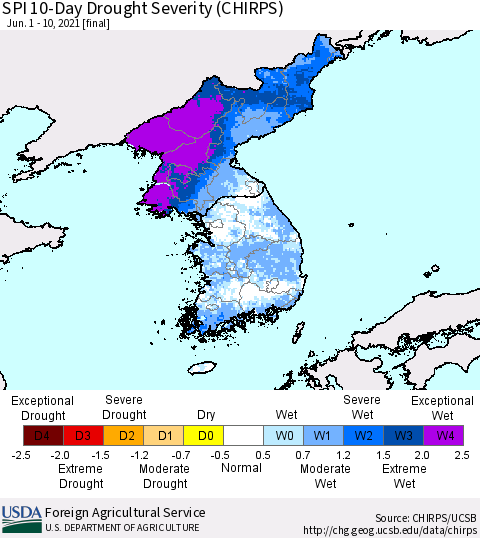 Korea SPI 10-Day Drought Severity (CHIRPS) Thematic Map For 6/1/2021 - 6/10/2021