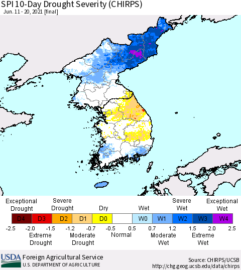 Korea SPI 10-Day Drought Severity (CHIRPS) Thematic Map For 6/11/2021 - 6/20/2021