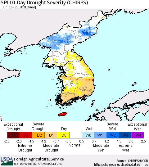Korea SPI 10-Day Drought Severity (CHIRPS) Thematic Map For 6/16/2021 - 6/25/2021