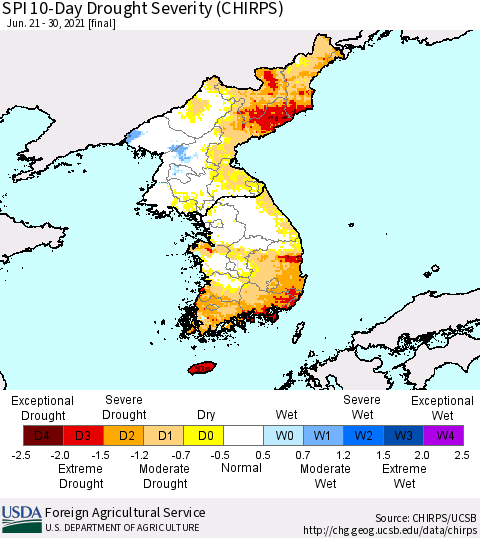 Korea SPI 10-Day Drought Severity (CHIRPS) Thematic Map For 6/21/2021 - 6/30/2021