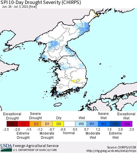 Korea SPI 10-Day Drought Severity (CHIRPS) Thematic Map For 6/26/2021 - 7/5/2021