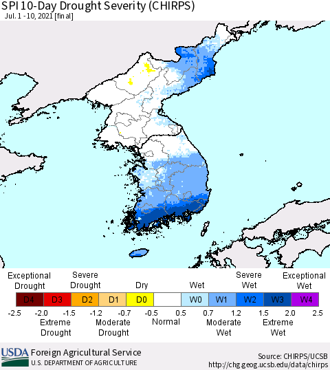 Korea SPI 10-Day Drought Severity (CHIRPS) Thematic Map For 7/1/2021 - 7/10/2021