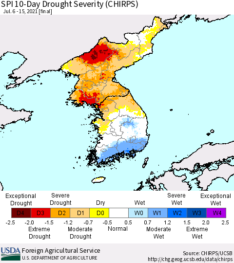 Korea SPI 10-Day Drought Severity (CHIRPS) Thematic Map For 7/6/2021 - 7/15/2021