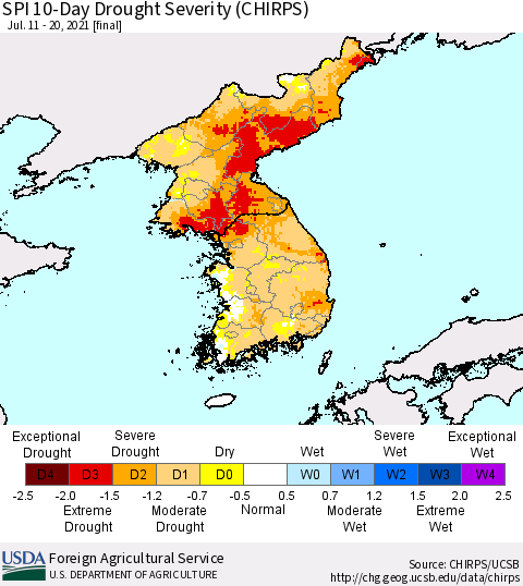 Korea SPI 10-Day Drought Severity (CHIRPS) Thematic Map For 7/11/2021 - 7/20/2021