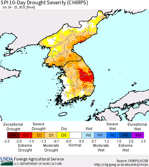 Korea SPI 10-Day Drought Severity (CHIRPS) Thematic Map For 7/16/2021 - 7/25/2021