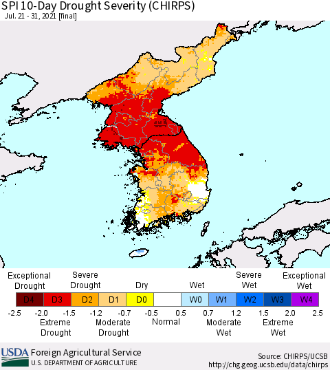 Korea SPI 10-Day Drought Severity (CHIRPS) Thematic Map For 7/21/2021 - 7/31/2021