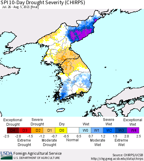 Korea SPI 10-Day Drought Severity (CHIRPS) Thematic Map For 7/26/2021 - 8/5/2021