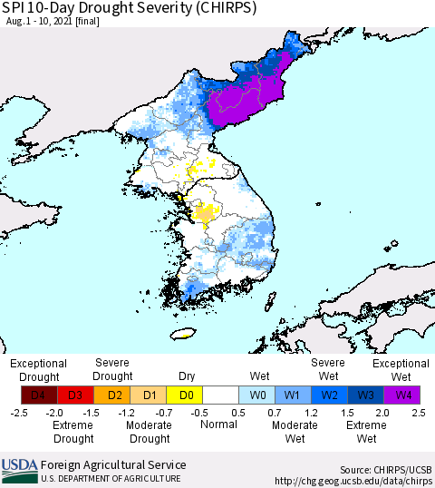 Korea SPI 10-Day Drought Severity (CHIRPS) Thematic Map For 8/1/2021 - 8/10/2021