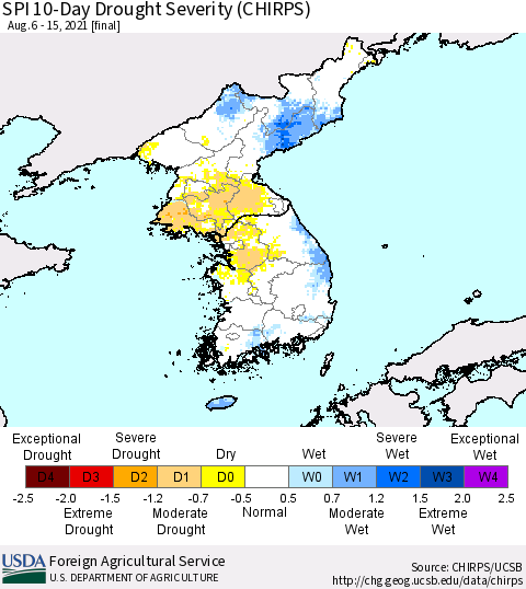 Korea SPI 10-Day Drought Severity (CHIRPS) Thematic Map For 8/6/2021 - 8/15/2021
