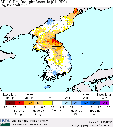 Korea SPI 10-Day Drought Severity (CHIRPS) Thematic Map For 8/11/2021 - 8/20/2021