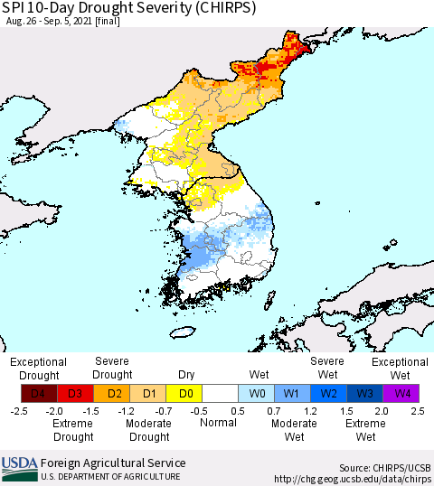 Korea SPI 10-Day Drought Severity (CHIRPS) Thematic Map For 8/26/2021 - 9/5/2021
