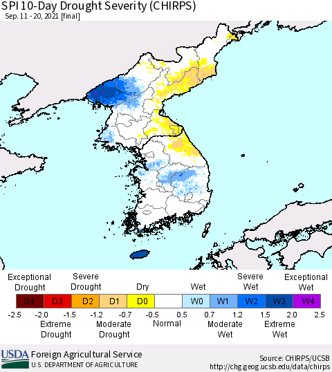 Korea SPI 10-Day Drought Severity (CHIRPS) Thematic Map For 9/11/2021 - 9/20/2021