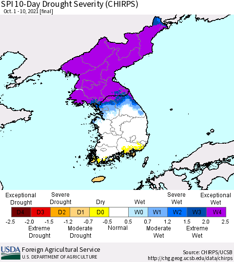 Korea SPI 10-Day Drought Severity (CHIRPS) Thematic Map For 10/1/2021 - 10/10/2021
