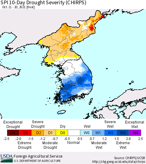 Korea SPI 10-Day Drought Severity (CHIRPS) Thematic Map For 10/11/2021 - 10/20/2021