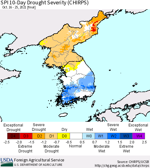 Korea SPI 10-Day Drought Severity (CHIRPS) Thematic Map For 10/16/2021 - 10/25/2021