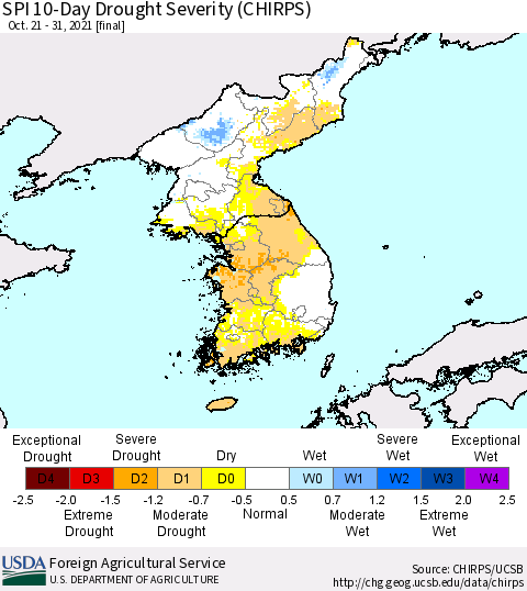 Korea SPI 10-Day Drought Severity (CHIRPS) Thematic Map For 10/21/2021 - 10/31/2021
