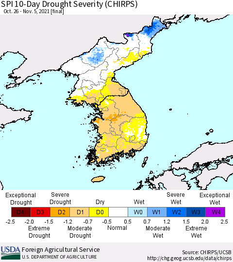 Korea SPI 10-Day Drought Severity (CHIRPS) Thematic Map For 10/26/2021 - 11/5/2021