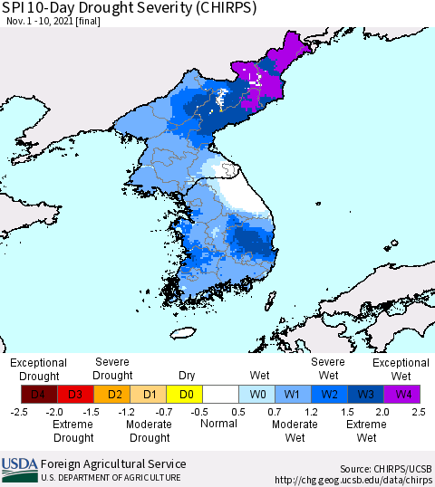 Korea SPI 10-Day Drought Severity (CHIRPS) Thematic Map For 11/1/2021 - 11/10/2021