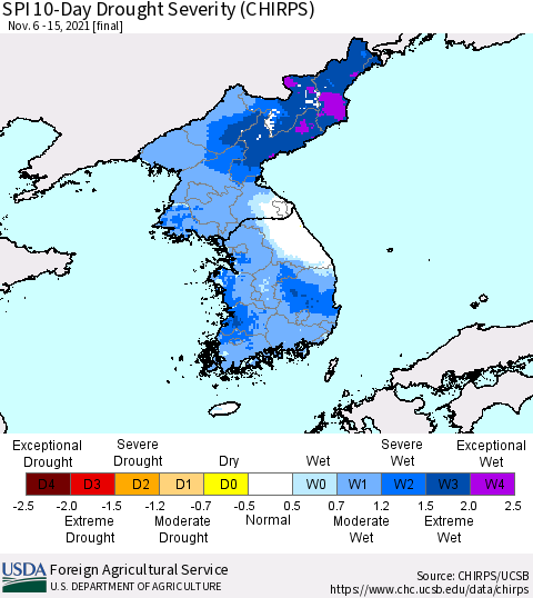 Korea SPI 10-Day Drought Severity (CHIRPS) Thematic Map For 11/6/2021 - 11/15/2021