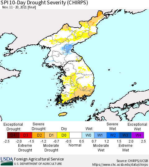 Korea SPI 10-Day Drought Severity (CHIRPS) Thematic Map For 11/11/2021 - 11/20/2021