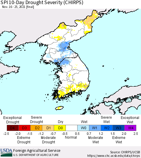 Korea SPI 10-Day Drought Severity (CHIRPS) Thematic Map For 11/16/2021 - 11/25/2021