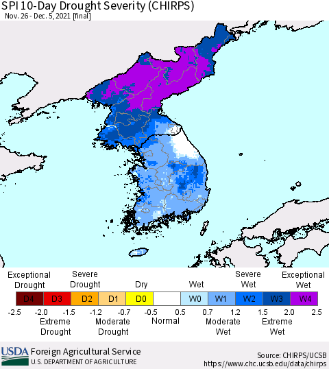 Korea SPI 10-Day Drought Severity (CHIRPS) Thematic Map For 11/26/2021 - 12/5/2021