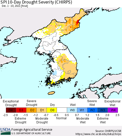 Korea SPI 10-Day Drought Severity (CHIRPS) Thematic Map For 12/1/2021 - 12/10/2021