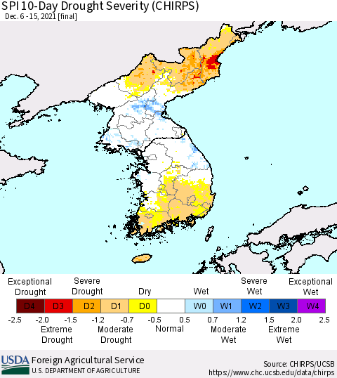 Korea SPI 10-Day Drought Severity (CHIRPS) Thematic Map For 12/6/2021 - 12/15/2021