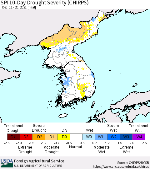 Korea SPI 10-Day Drought Severity (CHIRPS) Thematic Map For 12/11/2021 - 12/20/2021