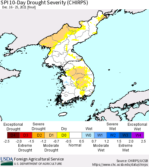 Korea SPI 10-Day Drought Severity (CHIRPS) Thematic Map For 12/16/2021 - 12/25/2021