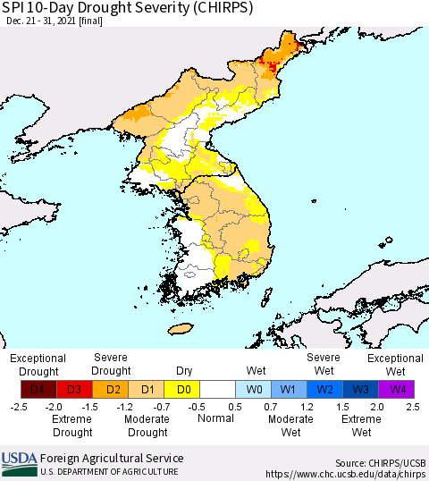 Korea SPI 10-Day Drought Severity (CHIRPS) Thematic Map For 12/21/2021 - 12/31/2021