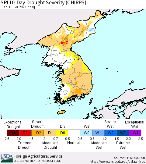 Korea SPI 10-Day Drought Severity (CHIRPS) Thematic Map For 1/11/2022 - 1/20/2022