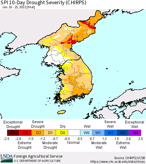 Korea SPI 10-Day Drought Severity (CHIRPS) Thematic Map For 1/16/2022 - 1/25/2022