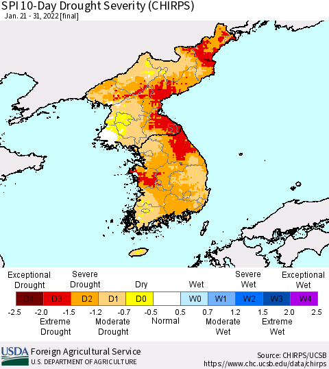 Korea SPI 10-Day Drought Severity (CHIRPS) Thematic Map For 1/21/2022 - 1/31/2022