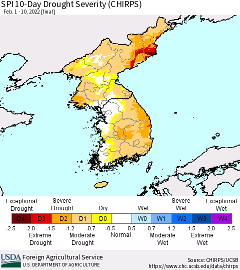 Korea SPI 10-Day Drought Severity (CHIRPS) Thematic Map For 2/1/2022 - 2/10/2022