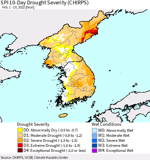 Korea SPI 10-Day Drought Severity (CHIRPS) Thematic Map For 2/1/2022 - 2/10/2022