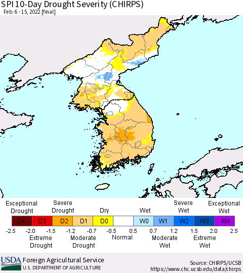 Korea SPI 10-Day Drought Severity (CHIRPS) Thematic Map For 2/6/2022 - 2/15/2022