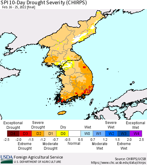 Korea SPI 10-Day Drought Severity (CHIRPS) Thematic Map For 2/16/2022 - 2/25/2022
