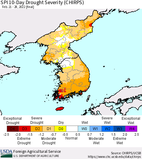 Korea SPI 10-Day Drought Severity (CHIRPS) Thematic Map For 2/21/2022 - 2/28/2022