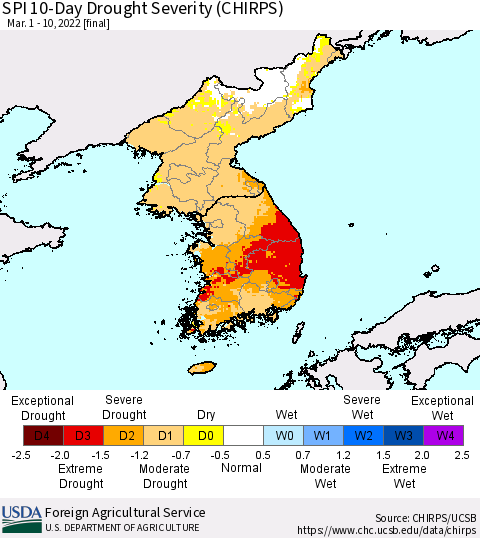 Korea SPI 10-Day Drought Severity (CHIRPS) Thematic Map For 3/1/2022 - 3/10/2022