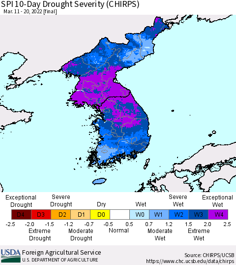 Korea SPI 10-Day Drought Severity (CHIRPS) Thematic Map For 3/11/2022 - 3/20/2022